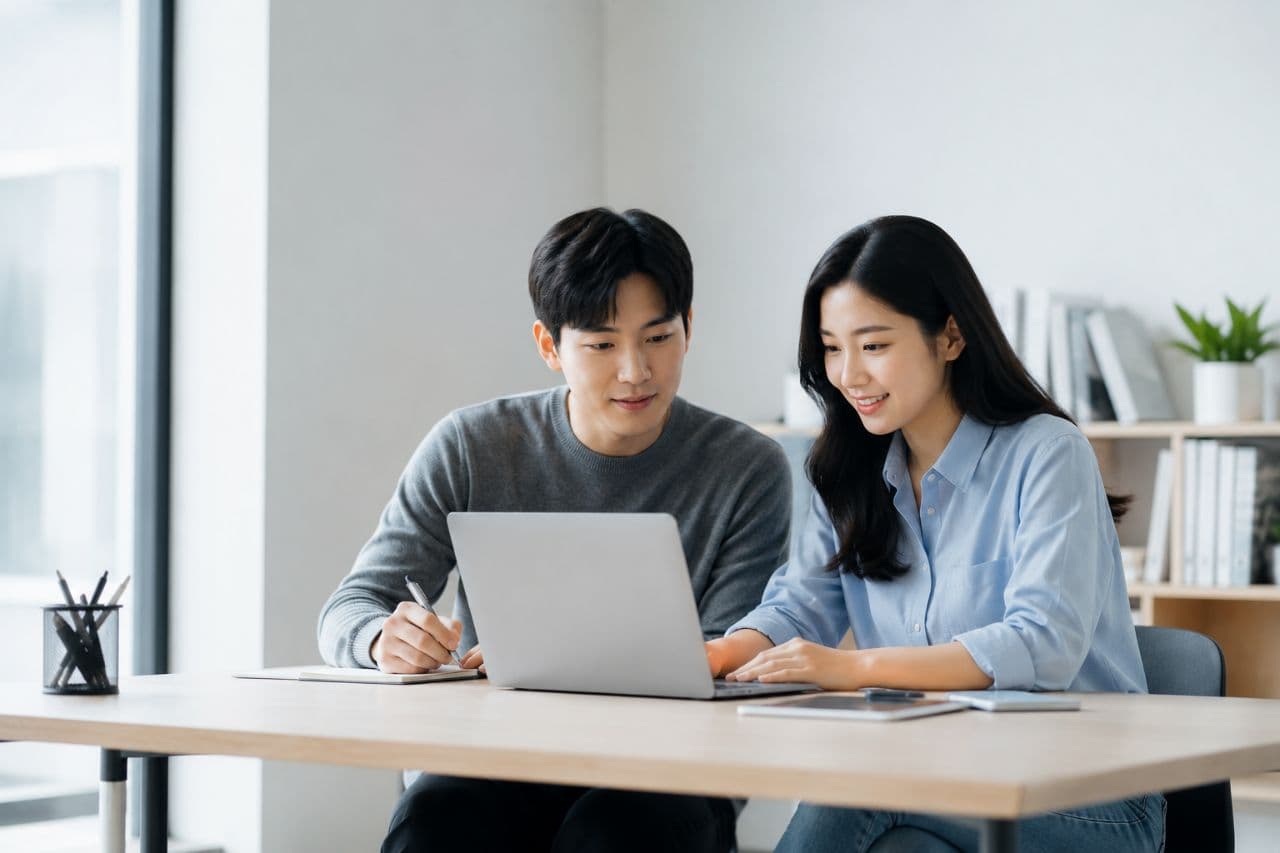 노트북을 함께 보며 상담하는 두 사람